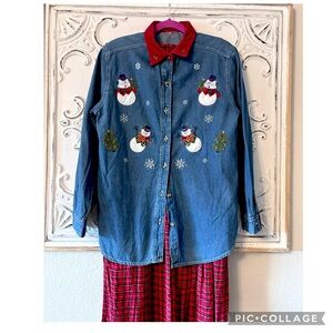 VINTAGE BOBBIE BROOKS EMBROIDERED SNOWFLAKES SNOWMEN VELVET COLLAR DENIM SHIRT